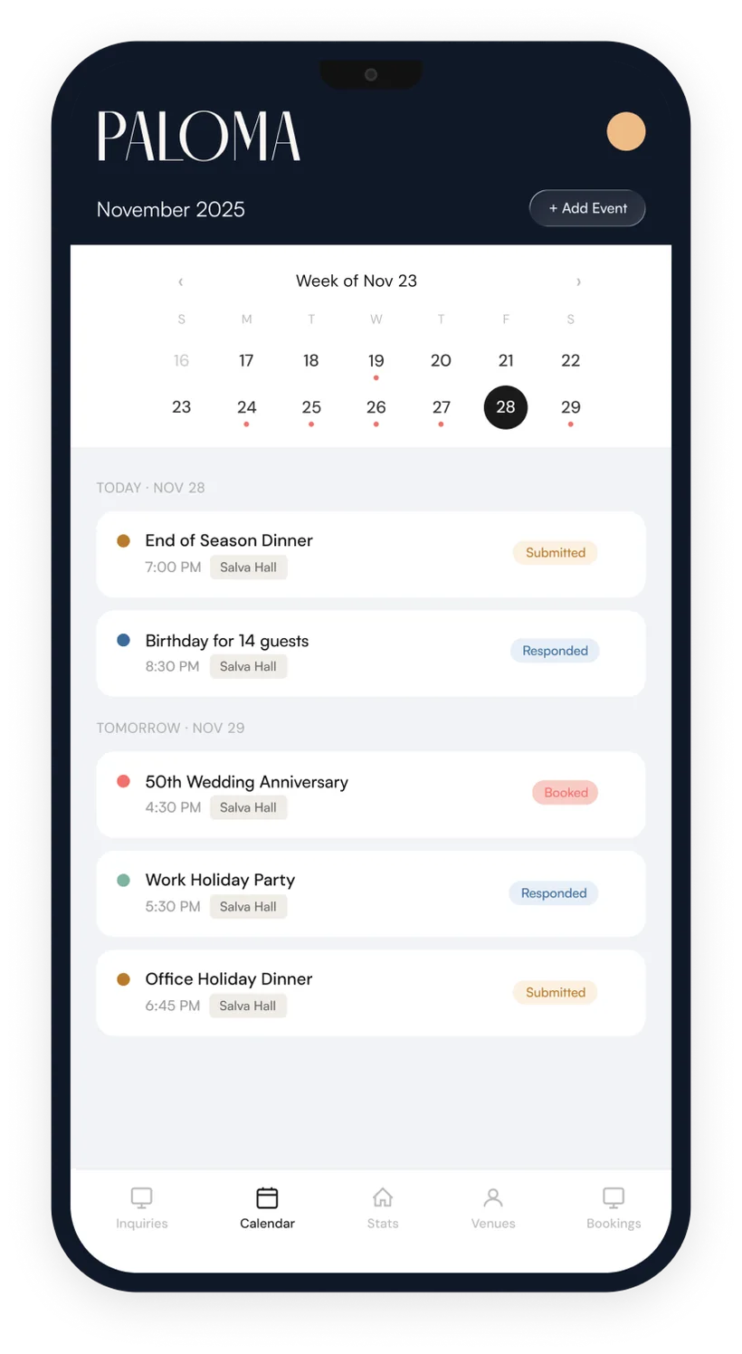 Paloma calendar on a phone showing a week of upcoming private events, each with its time, room and booking status