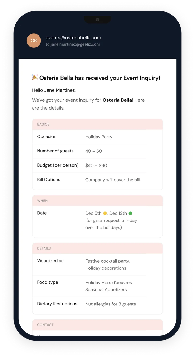Inquiry confirmation email from a restaurant to a guest, listing the occasion, guest count, budget per person, dates, food and dietary needs