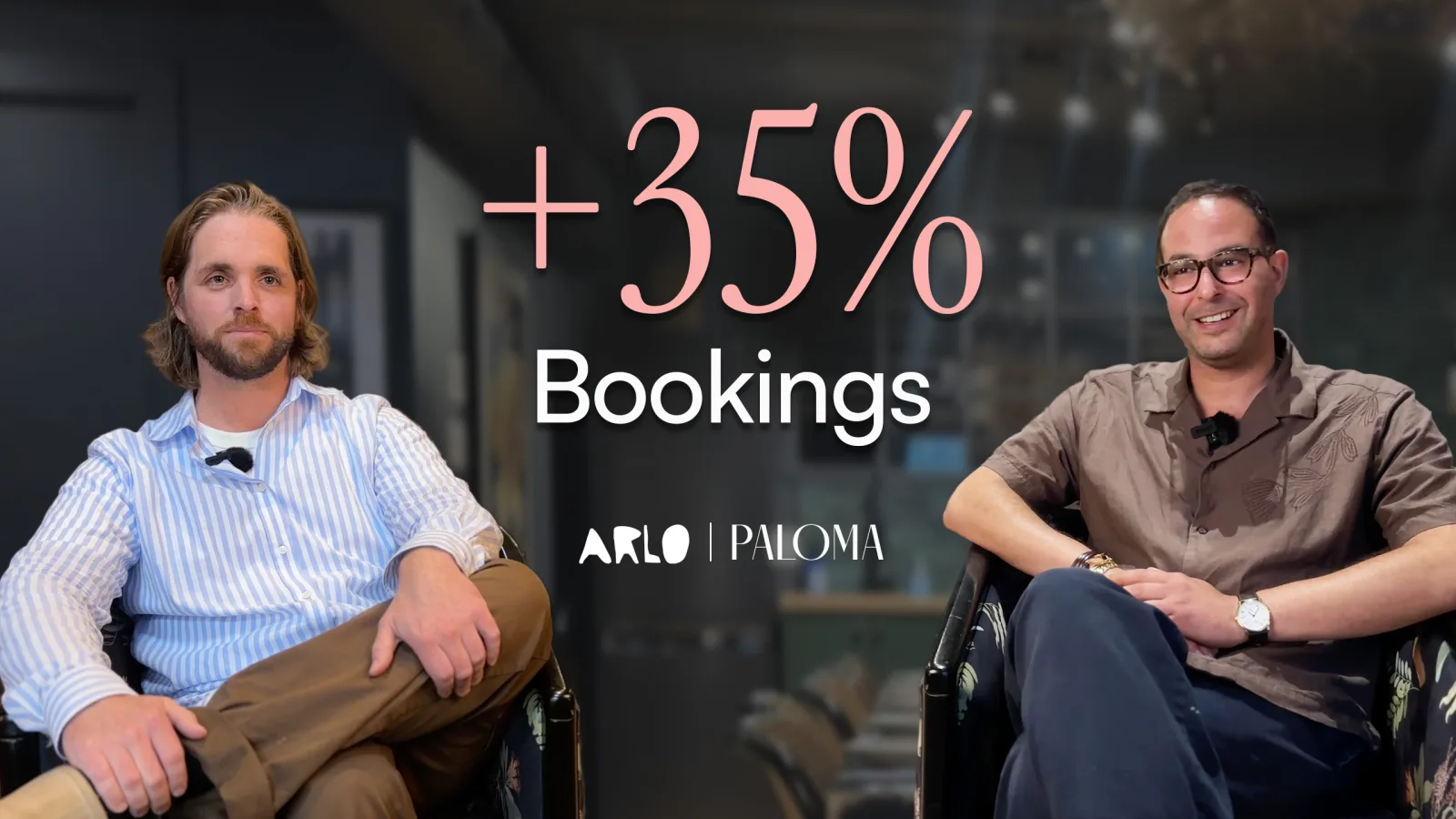 Mark Ghali and Simon Hodgson seated in the Arlo Wine Bar dining room, beside the words "+35% Bookings"